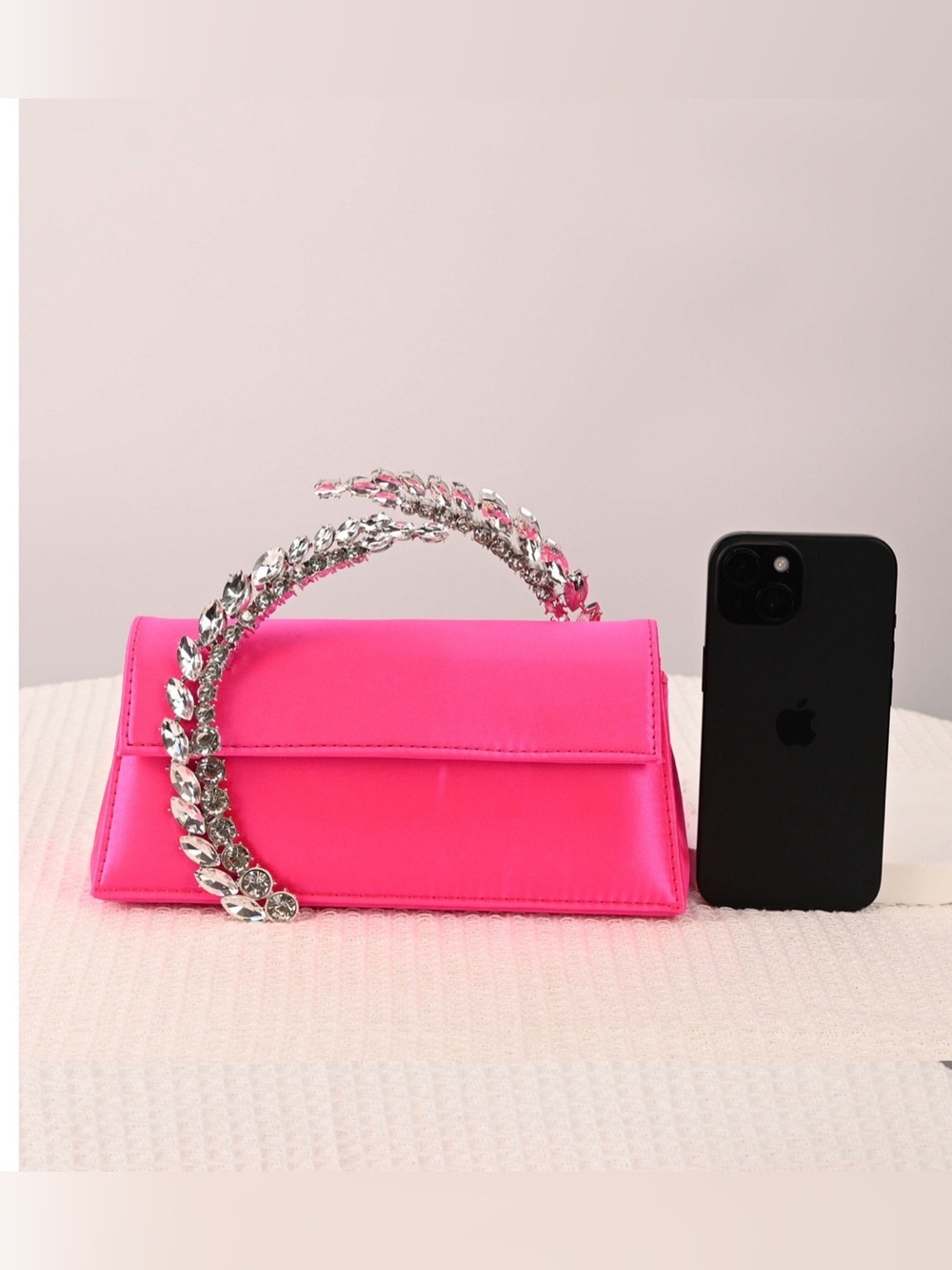 Cityclassified Hot Pink Satin Clutch with Crystal-Embellished Handle - Picture 6 of 11